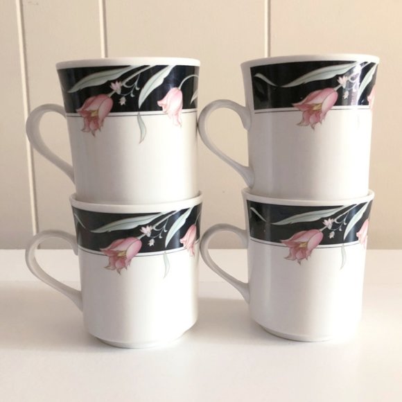 China Pearl Stoneware Other - Vintage 80s China Pearl Stoneware Black Pink Floral Pattern Coffee Mugs Set of 4